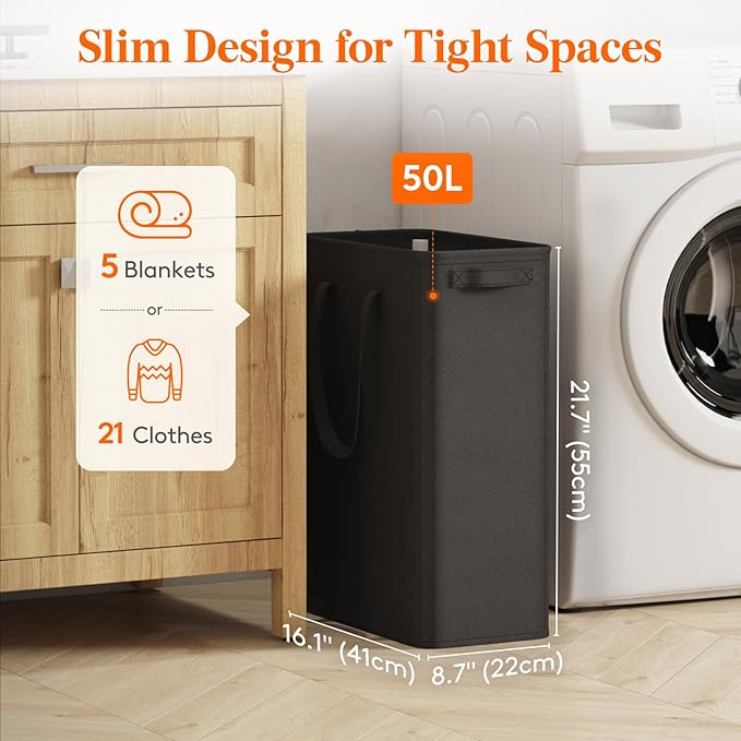 Lifewit 2 Pack Slim Laundry Hamper, Collapsible Narrow Laundry Basket, Small Tall Dirty Clothes Hampers with Handles for Bathroom Bedroom College Dorm, Black, 50L