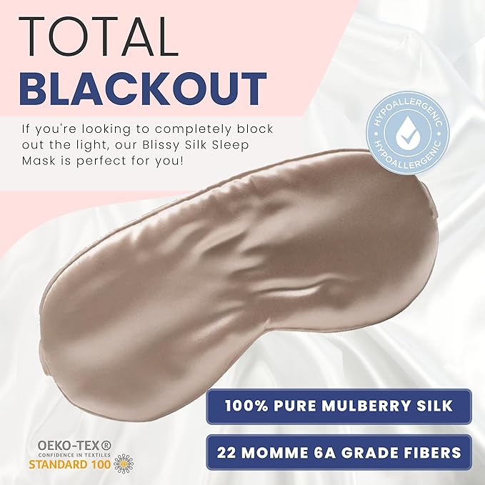 Blissy Silk Sleep Mask - Eye Sleeping Mask for Women & Men for Total Blackout - 100% Pure Mulberry Silk, 22 Momme 6a Fibers - Blindfold Sleep Mask Side Sleeper Eye Cover (Champagne)