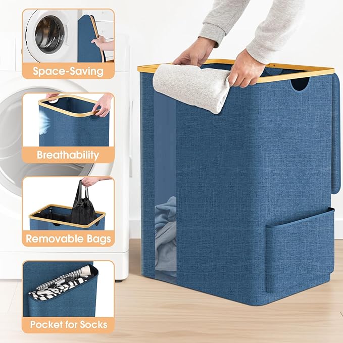 Laundry Basket Clothes Hamper with Lid and Pocket Large Collapsible Laundry Baskets with Handle, Freestanding Hampers for Bedroom Aesthetic, Dorm, Bathroom, Laundry Room (150L,Light Blue)