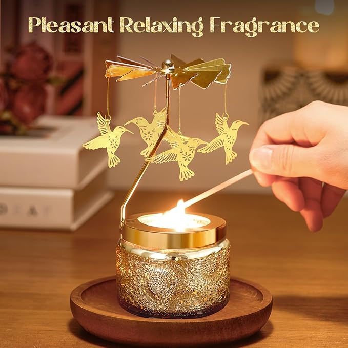 Hummingbird Rotating Scented Candle, Elegant Glass Jar Perfect for Romantic Dinners, Cozy Living Rooms or Relaxing Baths, Thoughtful Gift for Wife, Girlfriend or Friends with Rose Scent