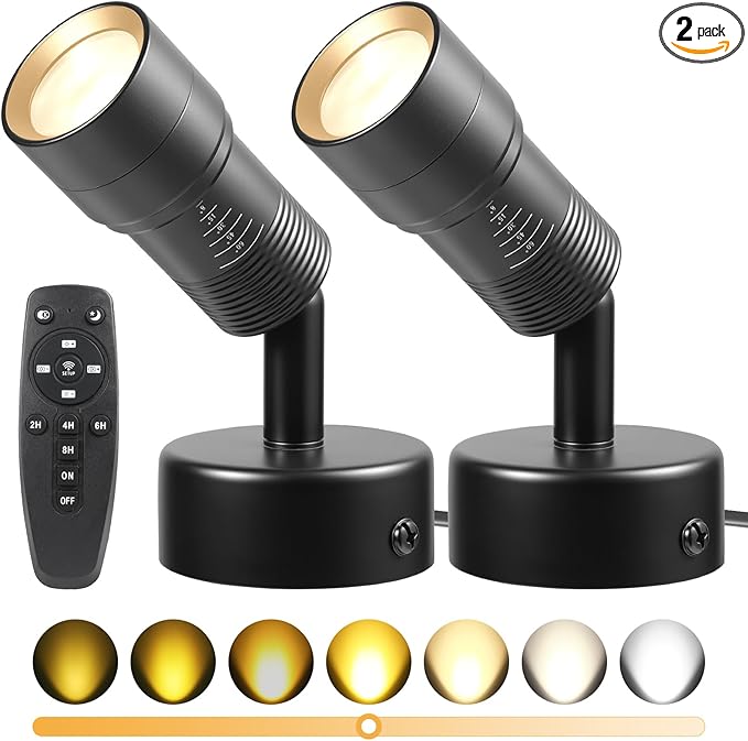 Junview 2Pack Spot Lights Indoor 8° to 60° Zoomable Focus Head Uplighting Indoor with Timer and Remote Stepless Adjustable Color Temperature and Dimmable Accent Up Lights for Plant Artwork Pictures
