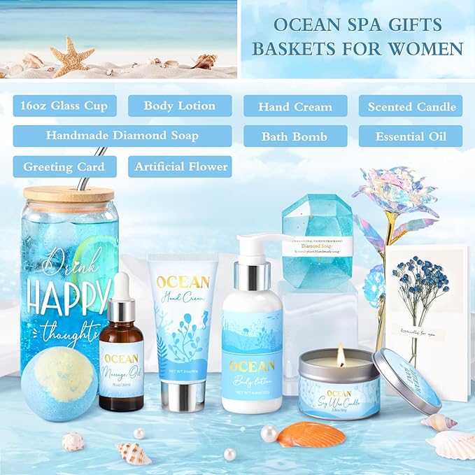 Birthday Gifts for Women, Relaxing Spa Gift Baskets for Women, Ocean Scented Self Care Gifts, Mothers Day Bath and Body Inspirational Gift Set for Mom Her Wife Best Friends Sister Girlfriend Coworker