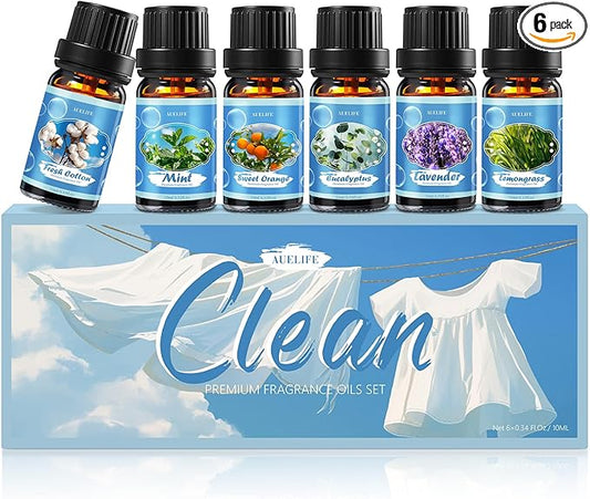 Clean Essential Oils Set for Diffuser & Candle Making | 6 Pack Premium Aromatherapy Oils Gift Set - Lavender, Eucalyptus, Mint, Sweet Orange, Lemongrass, Clean Cotton for Home, Relaxation & DIY