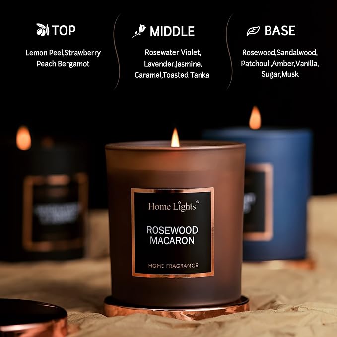 HomeLights Luxury Scented Candle, Natural Soy Wax, Home Fragrance Decor Gift, Rosewood Macaron, Medium Jar
