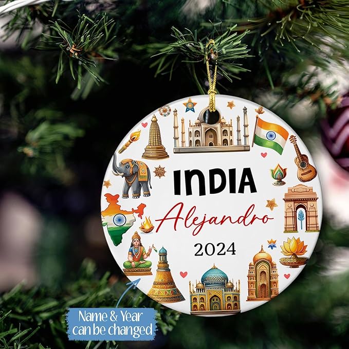 India Vacation Souvenir Christmas Ornament 2025 - Personalized Landmarks Ceramic Xmas Decor, Travel Country Tree Custom Name Taj Mahal Indian Heritage