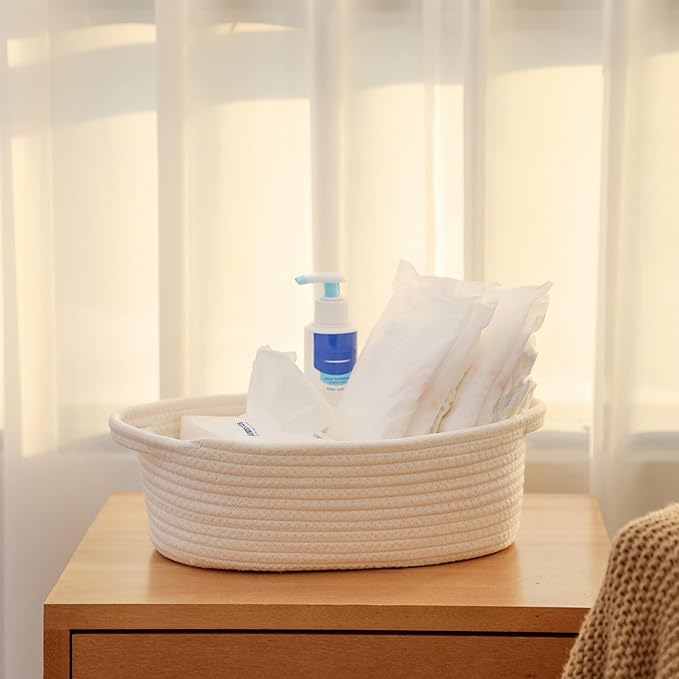 2 Pack Small Woven Storage Basket with Handles 12"x8"x5", Decorative Rope Bin for Home Organization, Shelf Storage,Cotton Rope Room Shelf Storage Basket with Handles