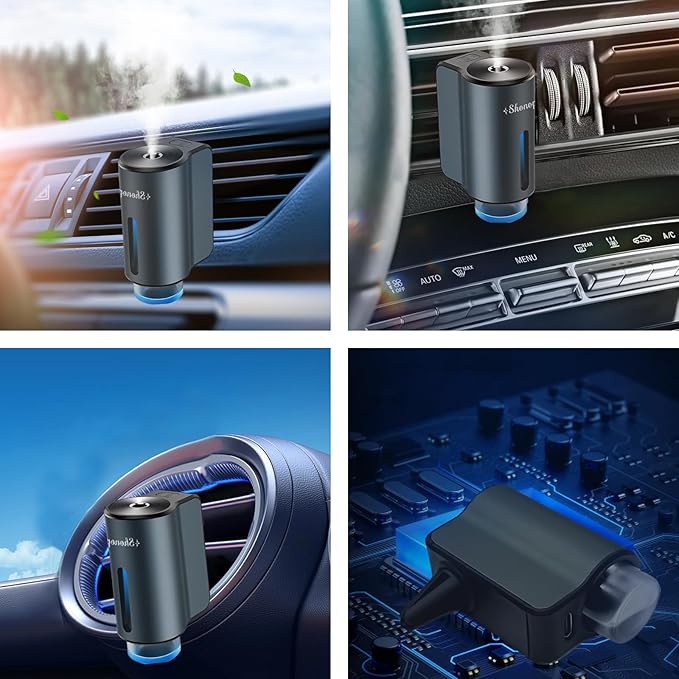 Smart Car Air Fresheners Diffuser with 4pcs Essential Oils, Automotive Scent Dispenser Rechargeable Aromatherapy Diffuser Vent Clip for Cars, 3 Adjustable Modes (Grey with 20pcs oils)