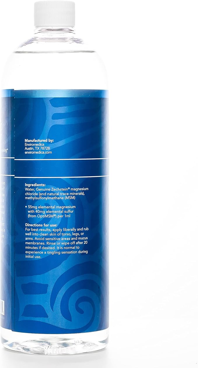 Ancient Minerals Magnesium Oil Ultra with OptiMSM, Refill 33.8 oz. - Pure Genuine Zechstein Magnesium Chloride Supplement with MSM - Best Topical Skin Application for Dermal Absorption