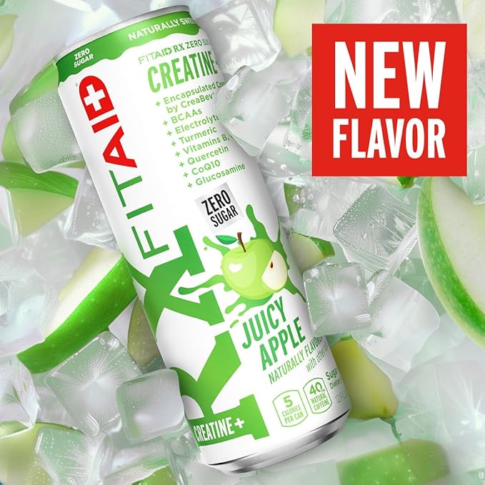 FITAID RX Zero Sugar, Encapsulated Creatine, Workout Recovery Drink, All-In-One Blend, BCAAs, Glucosamine, Turmeric, B-Complex, Naturally Sweetened, Juicy Apple, 12 Fl Oz (Pack of 12)