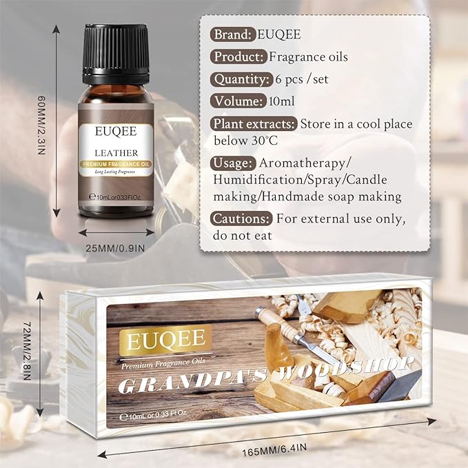 EUQEE Fragrance Oils Gift Set Premium Woody Scented Oil - Forest Pine, Warm Rustic Woods, Bamboo & Teak, Cedarwood, Leather, Sweet Tobacc(Honeyed Haze), for Diffuser, Soap Making, Candle - 6x10ml