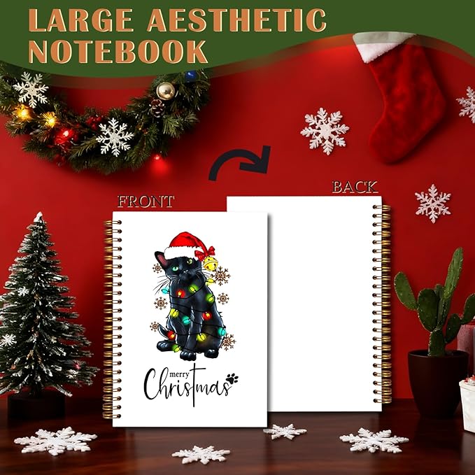 Exqcom Christmas Black Cat Spiral Notebook Gifts, Black Cat Gifts, Merry Christmas Journal for Women, Winter Holiday Funny Kitty Hardcover Notebook Journal Office School Supplies, 5.5x8.3 Inch