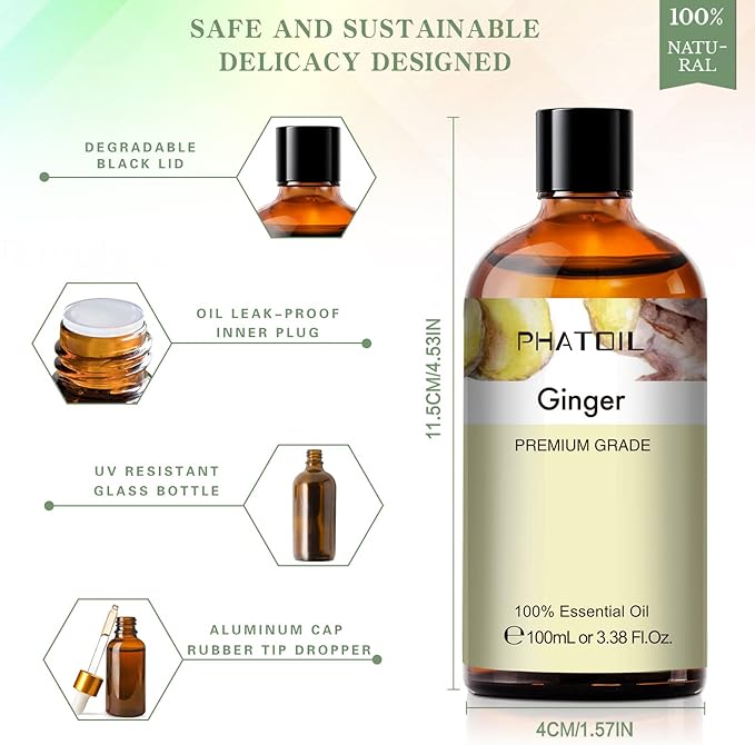 Ginger 3.38fl.oz Essential Oil, PHATOIL Pure Aromatherapy Oils for Diffuser, Humidifier, Perfect for DIY Soap, Candle, Bath Bombs Making(100ml)