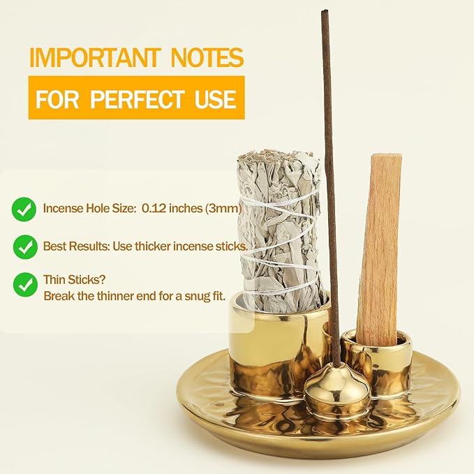 Handmade Ceramic Incense Burner for Palo Santo Incense Sticks, 4 in 1 Multi-Purpose Sage Holder for Burning, Ash Catcher Tray for Meditation Yoga Room (Golden)