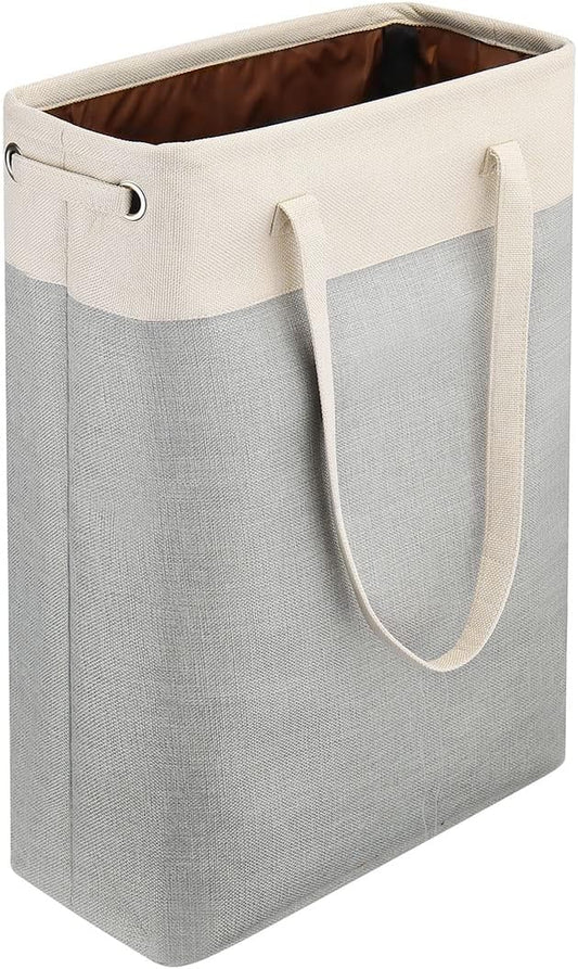 i BKGOO Laundry Basket with Handles Beige&Silver Slim Laundry Bin Collapsible Dirty Clothes Basket Narrow Laundry Bag Foldable Dirty Hamper for Camping, Dorms, Apartments