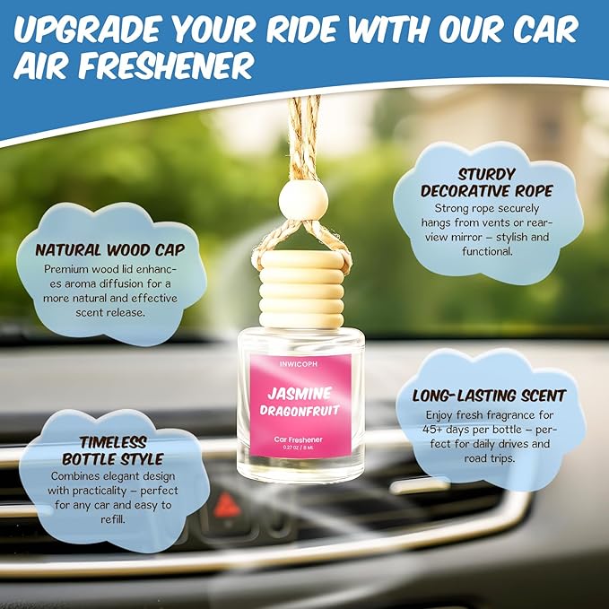 Car Air Freshener Diffuser 6 Pack Hanging Air Freshener, Vanilla Cream, Pink Sparkle Champagne, Mahogany Teakwood, Pistachio & Salty Caramel, Jasmine Dragonfruit and Mahogany Coconut Scents