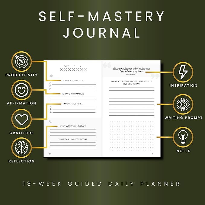 Self-Mastery Journal for Men - Gratitude Journal – 5 Minute Journals - Reflection Manifestation Journal for Mindfulness – Goal/Guided Gratitude Journel for Women & Men (Olive)