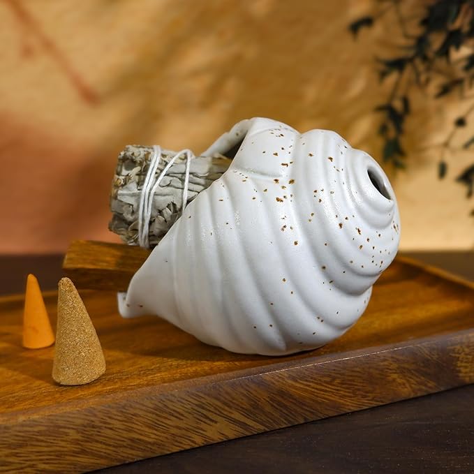 Ceramic Conch Palo Santo Burner Holder - Mini Chiminea Incense Chimney, for Smudging Sage/Cones、Perfect for Meditation Altar & Witchcraft Supplies, Ideal Spiritual Decor & Gift for Zen Spaces