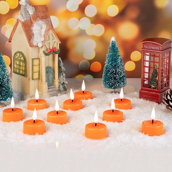 Eywamage Orange Flameless LED Tealights with Remote Batteries, Halloween Fall Battery Tea Votive Candles Real Wax Flickering Set of 10