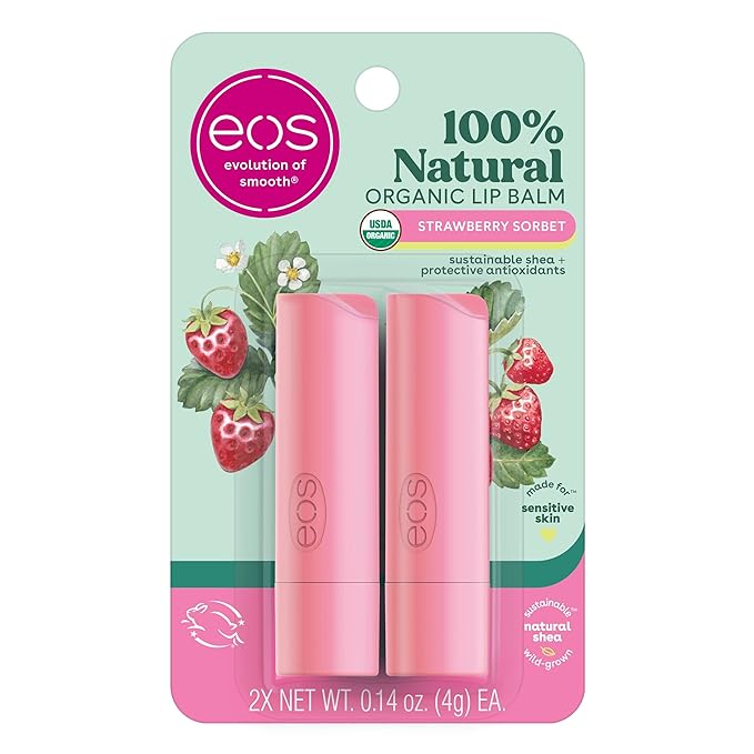 eos 100% Natural & Organic Lip Balm Sticks - Strawberry Sorbet, All Natural Lip Balm, All-Day Moisture, Dermatologist Recommended, 0.14 oz, 2-Pack
