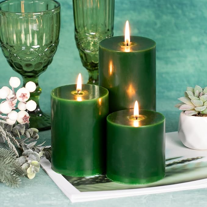 KONNI Navy Green Pillar Candles Set of 3, 3"x 4" Unscented Pillar Candles Bulk, 39 Hours Long Burning Candles, Smokeless&Dripless Large Round Candle for Wedding, Home Decoration, Parties, Spas, Dinner