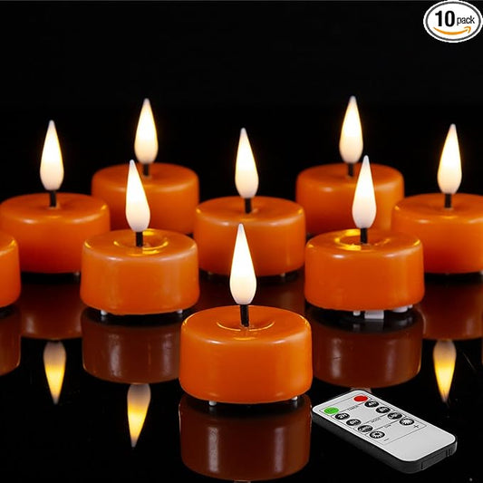 Eywamage Orange Flameless LED Tealights with Remote Batteries, Halloween Fall Battery Tea Votive Candles Real Wax Flickering Set of 10
