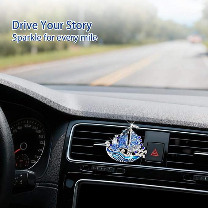 Coastal Car Decor,Sailboat Car Air Vent Freshener Clips,Crystal Blue Nautical Diffuser Charm for Women Sailor Seaman,Glitter Ocean Wave Decoration Gift