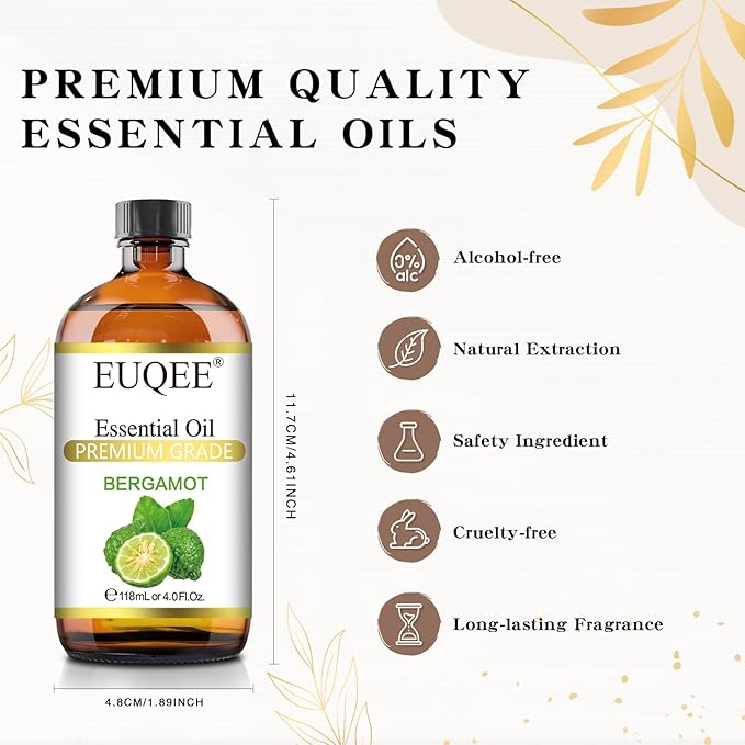 EUQEE Bergamot Essential Oil 118ml Pure Bergamot Oil for Aromatherapy, Diffuser, Sopa Candle Making, Large Bottle with Gift Box -4 fl.oz