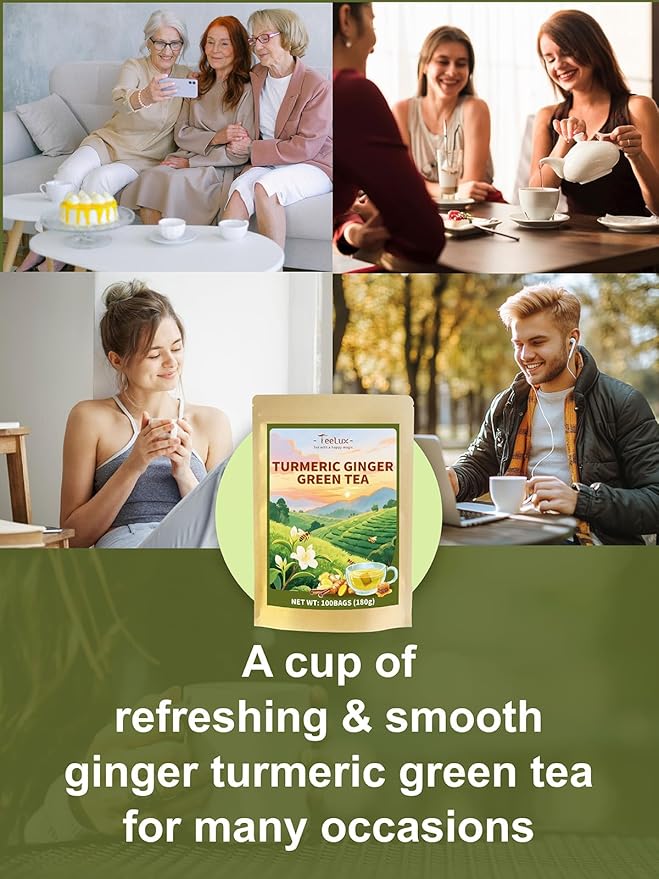 TeeLux Ginger Turmeric Green Tea Bags, Smooth Steamed Green Tea with Spicy Ginger, Earthy Turmeric & Sweet Honey Aroma, 100 Count, Hot & Iced Tea