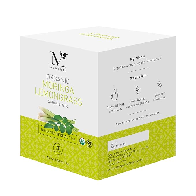Mementa Inc Organic Moringa Lemongrass Herbal Tea Bags - 20 Individually Wrapped Bags Per Box, Pack of 6 Boxes - Premium Natural Ingredients for a Refreshing and Healthy Beverage