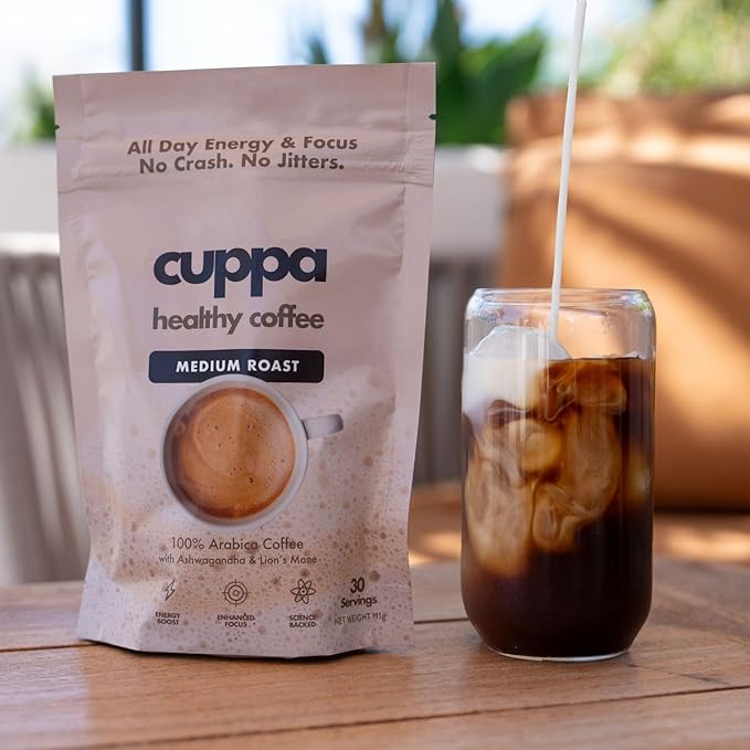 Cuppa Healthy Mushroom Insant Coffee with Lion's Mane & Ashwagandha for All Day Energy & Focus - No Crash or Jitters - Nootropics for Brain Health, Gut Health, Immunity, Stress, Memory + Mood - 60 Servings