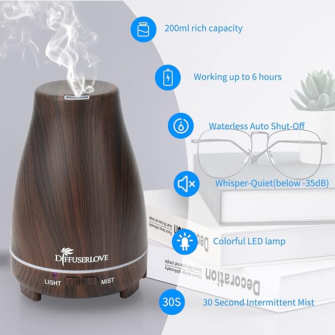 Diffuserlove Essential Oil Diffusers 200ML, Remote Control Aromatherapy Diffuser with 7 Color Lights, Auto Shut-Off for Bedroom Office Kitchen (Black Wood Grain)