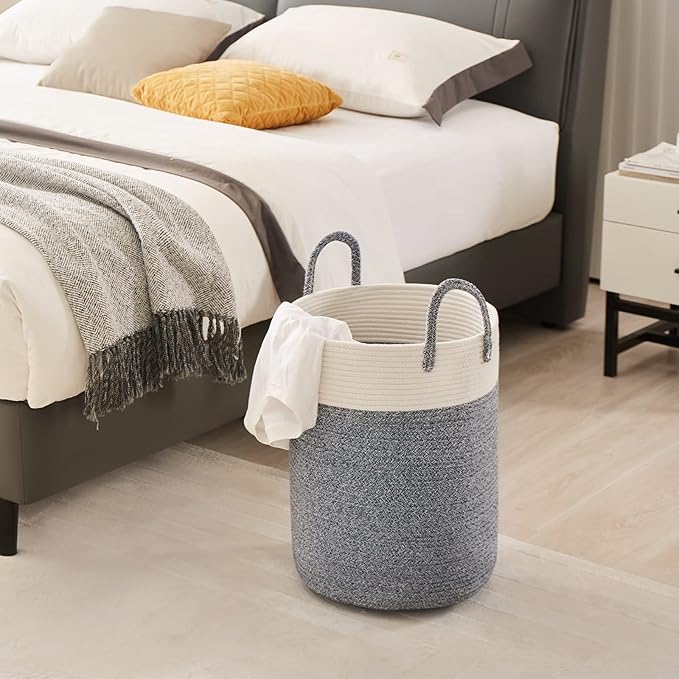 Cotton Rope Laundry Hamper by YOUDENOVA, 58L - Woven Collapsible Laundry Basket - Clothes Storage Basket for Blankets, Laundry Room Organizing, Bedroom Storage, Clothes Hamper – Blue