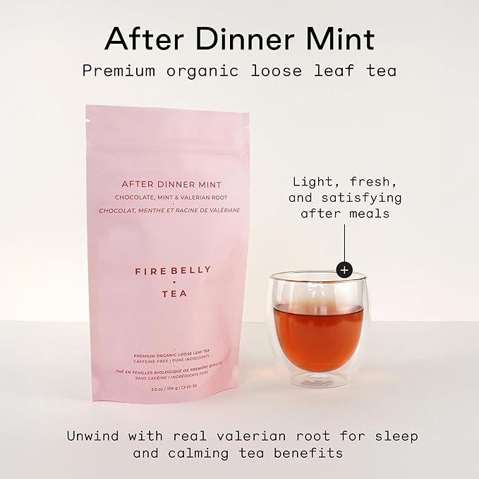 Firebelly Tea After Dinner Mint, Organic Chocolate & Mint Tea with Valerian Root for Sleep, Loose Leaf Herbal Drink, Caffeine-Free, For Relaxing Nighttime, 3.5 oz, Pack of 1