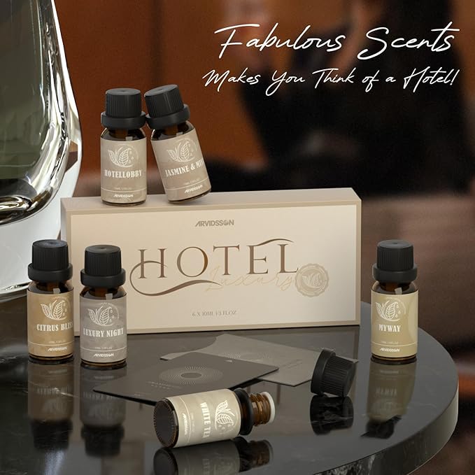 Hotel Diffuser Oils Gift Set, ARVIDSSON Luxury Fragrance Oil Blend, Hotel Scent Essential Oils for Diffuser, Jasmine & Mint, White Tea, Citrus Bliss, M-Way, Fancy Lobby, Gift for Women and Men
