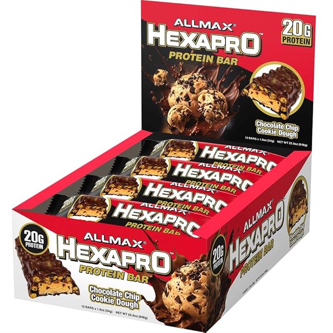ALLMAX HEXAPRO PROTEIN BAR, Chocolate Chip Cookie Dough - Pack of 12 - High-Protein Energy Snack - 20 g of Protein Per Bar - With Whey Protein Isolate