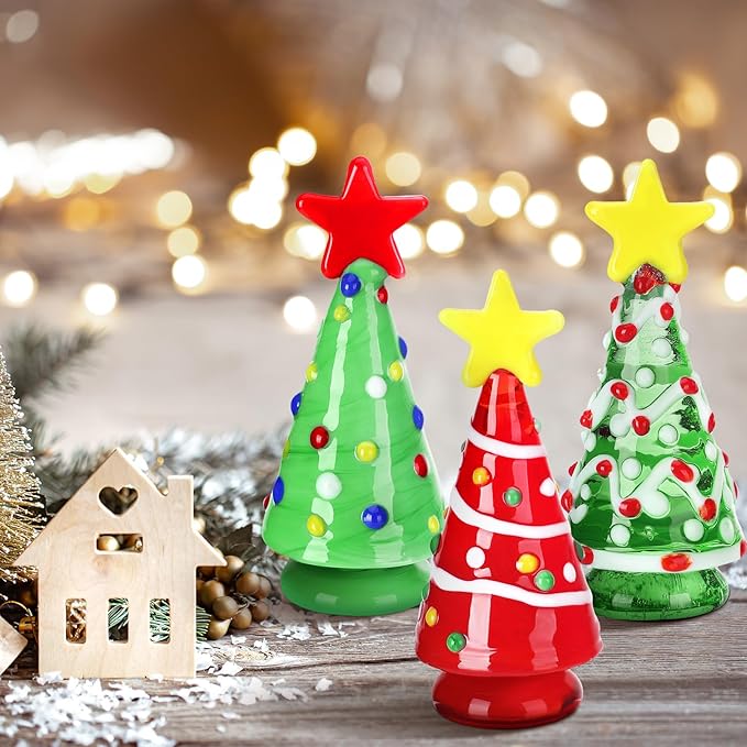 6 Pcs Mini Christmas Tree Glass Gifts Set Ornaments Small Glass Christmas Tree Gifts Holiday Dollhouse Miniature Winter Figurines for Crafts DIY Holiday Xmas Party(Regular,2.36 Inch)
