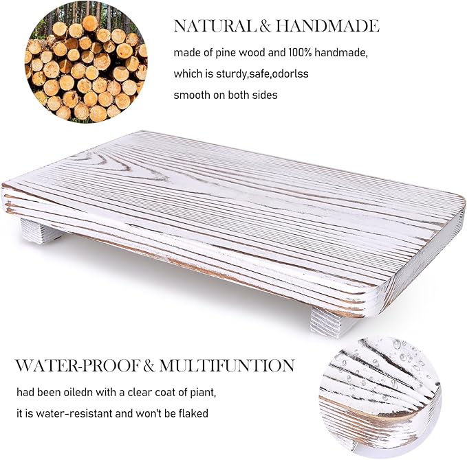 Bathroom Counter Tray Wood Pedestal Stand White Kitchen Countertop Trays Decorative Dish Soap Dispenser Holder for Bathroom Sink Accessories Wooden Riser Display Stands Kitchen Decor Vanity Tray