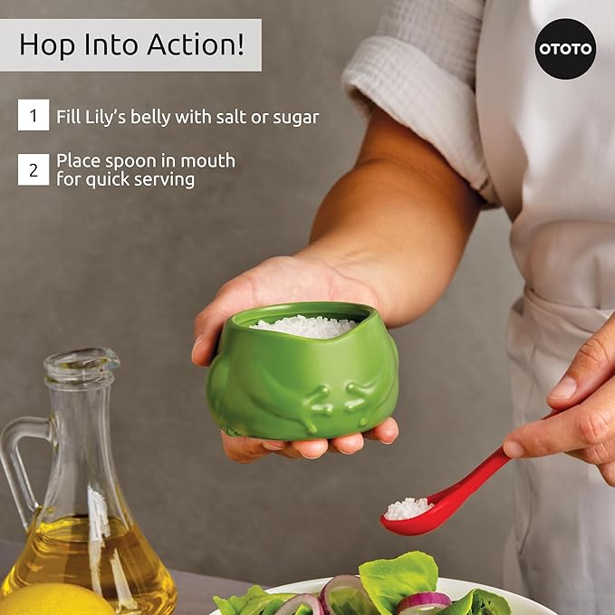 OTOTO NEW Lily Salt Cellar with Lid and Spoon - 6 oz Frog Salt Containers for Countertop, Ceramic Salt Holder with Lid for Sugar, Frog Stuff, White Elephant Gifts, Cute Gifts Accessories - Green