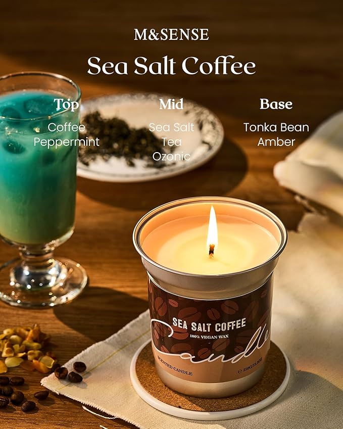 M&SENSE Iced Coffee Candle Summer Sea Salt Scented, Soy Wax 7oz 42 Hours Long Lasting Clean Burn, Small Jar Candles for Home Scented, Stress Relief Aromatherapy Gifts for Women Men