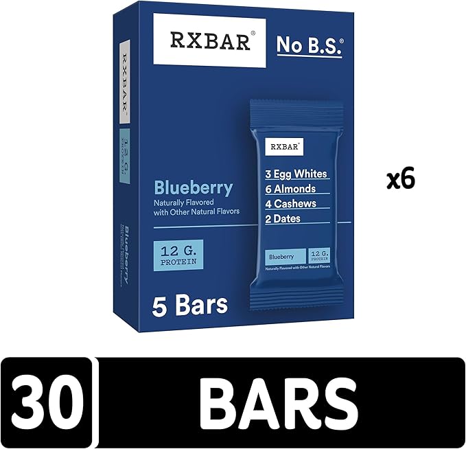 RXBAR Protein Bars, 12g Protein, Gluten Free Snacks, Blueberry (6 Boxes, 30 Bars)