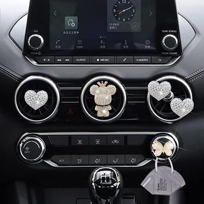 Heart & Bear 4 Pcs Bling Heart Air Vent Clips, Diamond Car Diffuser, Car Interior Decor + Cute Butterfly Mask Hook
