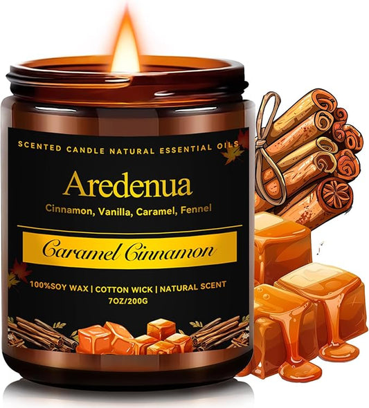Caramel Cinnamon Candle - Fall Candles | Cinnamon Scented Candles for Autumn, 7oz Fall Soy Candles for Home Scented, 50 Hours Burn Time, Cozy Season/Halloween/Thanksgiving/Autumn Gifts for Women Men