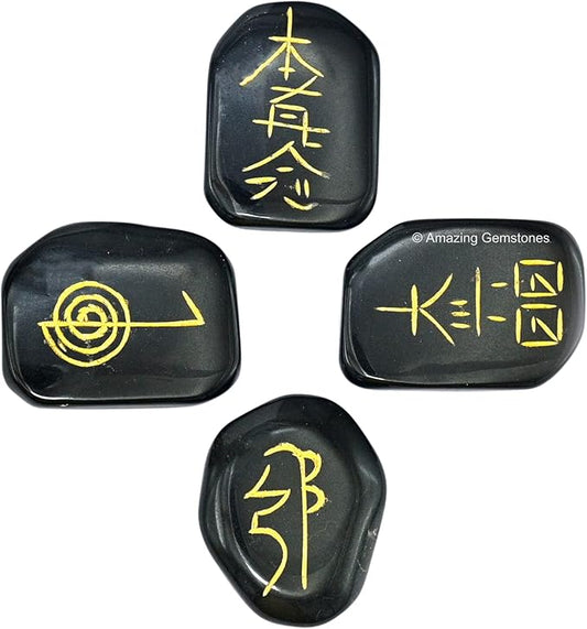 Amazing Gemstone Black Agate Crystal Reiki Stones with Engraved Symbols for Usui Reiki Healing, Set of 4 Pcs (Indian Handmade Reiki Gift Set)