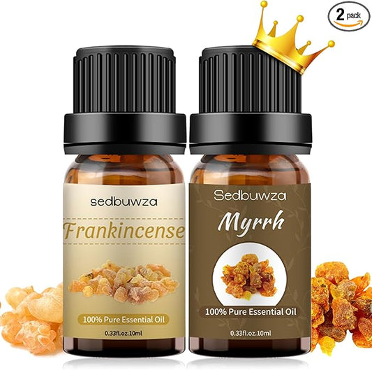 Sedbuwza Myrrh Frankincense Essential Oil Set, Myrrh Fragrance Oil Frankincense Scent Oil Set for Diffuser, Aromatherapy, Massage, Soap, Candle Making 2 x 10 ml