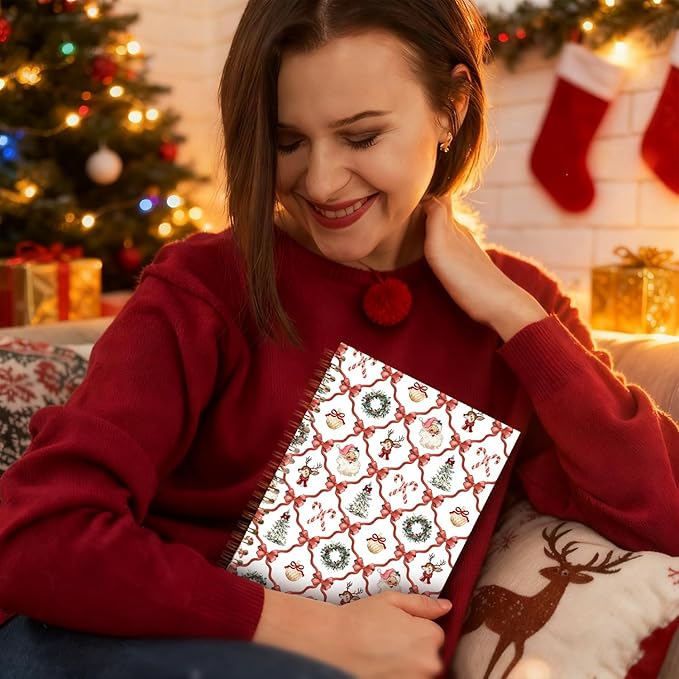 Exqcom Coquette Christmas Red Bow Spiral Notebook Gifts, Retro Xmas Tree Wreath Santa Reindeer Journal for Women, Preppy Aesthetic Hardcover Notebook Journal Office School Supplies, 5.5x8.3 Inch