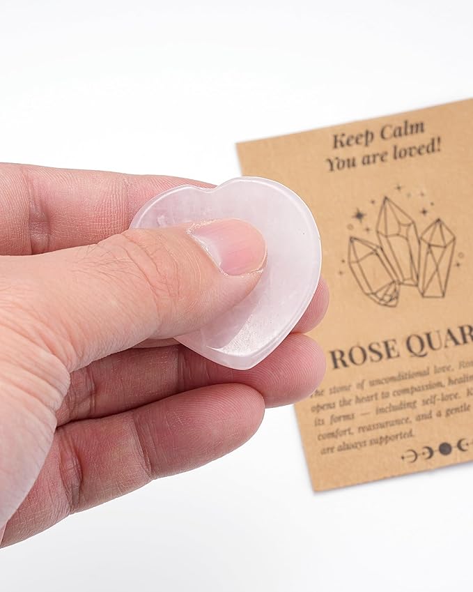 QianCannaor Rose Quartz Heart Shaped Worry Stone for Adults • Crystals and Healing Stones for Anxiety, Stress Relief & You are Loved! • Pocket Palm Stone with Affirmation Card