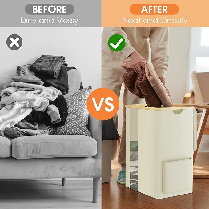 Laundry Basket Clothes Hamper with Lid and Pocket Large Collapsible Laundry Baskets with Handle, Freestanding Hampers for Bedroom Aesthetic, Dorm, Bathroom, Laundry Room (80L, Beige)