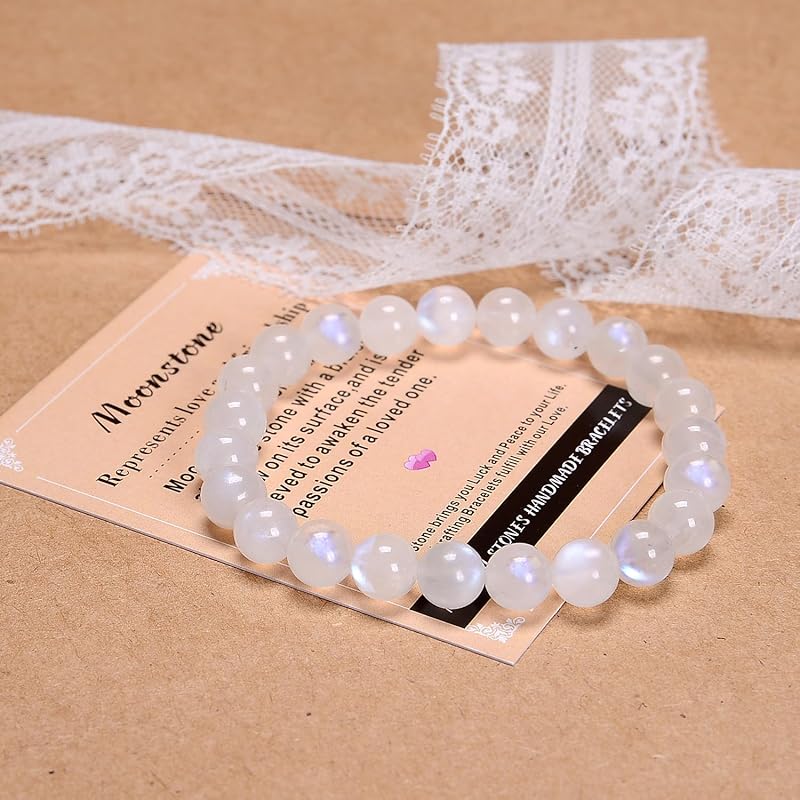AD Beads Handmade Gemstone Stretch Elastic Bracelet Crystal Healing Reiki Nature's Beauty and Spiritual Essence Unisex (10mm, Moonstone (love and friendship))