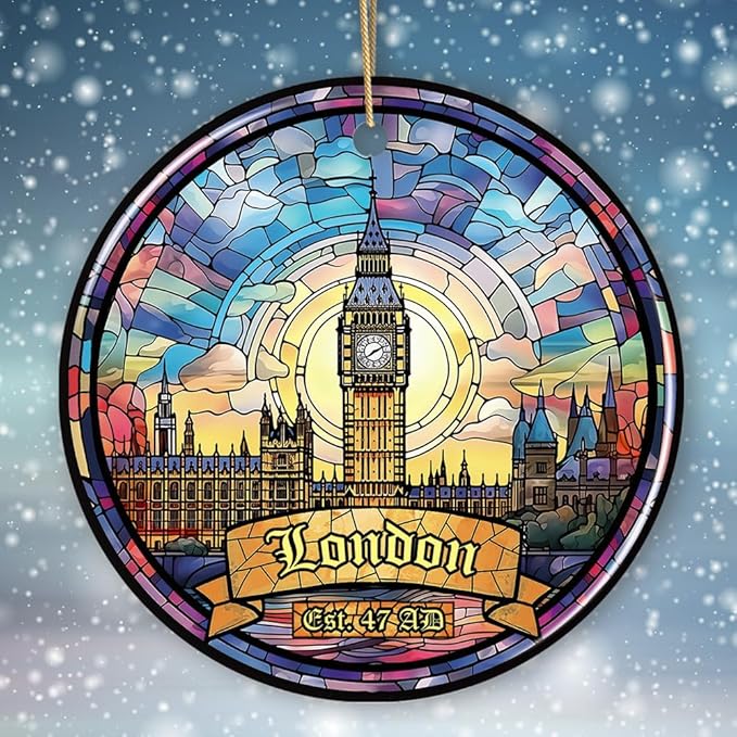 Elegant London Stained Glass Art Style Ornament, Vintage Big Ben Souvenir