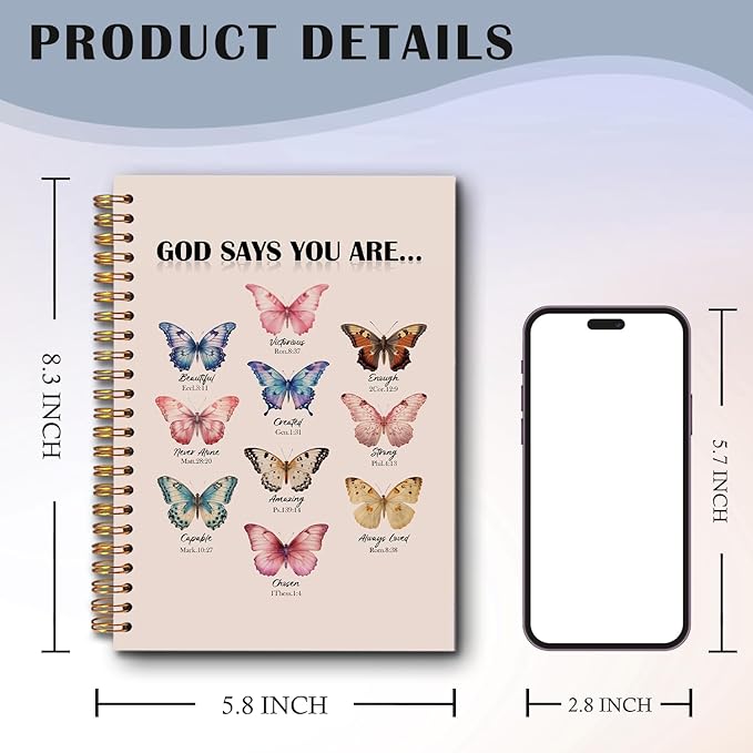 Butterfly Christian Spiral Notebooks, God Says You Are Bible Journal, Scripture Journals for Writing, Christian Gifts for Women, Religious Notebook for Note Taking, 5.5x8.3 Inch